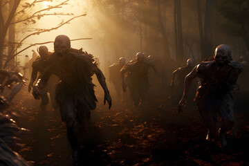 group of zombies running in forest at morning. Neural network generated image. Not based on any actual person or scene.