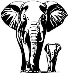 Elephant and baby vector illustration | black and white Silhouette of an elephant and baby