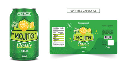 Mojito drink can label design Lemon Peppermint drink label, cocktail label design. Soda can vector, Energy drink mocktail, soft drink label template editable vector mojito design - obrazy, fototapety, plakaty