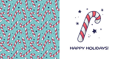 Hand drawn Christmas candy cane in doodle style for designing baby clothes. Postcard with candy cane, lettering and seamless pattern. Vector illustration.