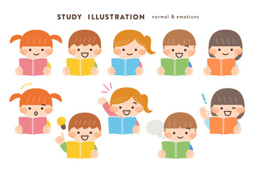 読書、勉強、授業を受ける子供達のイラスト素材セット