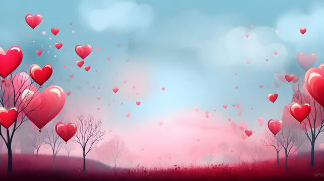 minimalistic valentines day background with heart shaped tree with red heart shaped red leaves. Neural network generated image. Not based on any actual scene or pattern.