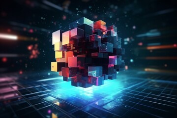 Futuristic graphic: geometric cube against virtual reality backdrop. Generative AI