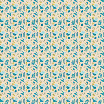 seamless pattern with blue flowers - Soft subtle pattern with cream beige background and blue leaf and green herbs and spices Pattern