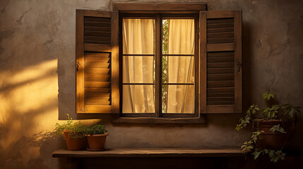 Old ancient wooden window with shutters on facade of old Italian house. Scenic original and colorful view of antique window with flower pots in old city. Atmosphere of tranquility. Copy space.