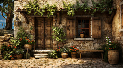 Old ancient wooden door and window with shutters on facade of old Italian house. Scenic original and colorful view of antique window with flower pots in old city. Atmosphere of tranquility. Copy space - obrazy, fototapety, plakaty