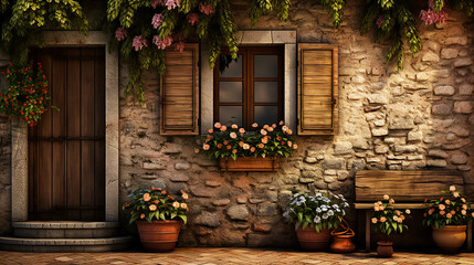 Old ancient wooden door and window with shutters on facade of old Italian house. Scenic original and colorful view of antique window with flower pots in old city. Atmosphere of tranquility. Copy space