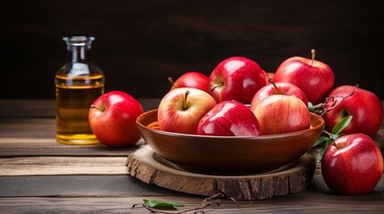 The image depicts a wooden background with a bowl of vinegar placed in the center, surrounded by ripe red apples. This arrangement creates a rustic and inviting scene