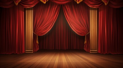 This is a stock vector illustration of a theatrical stage with vibrant red curtains and a wooden floor. It represents a classic and timeless theater setting