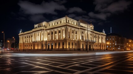 This is a nighttime shot of the Warsaw Grand Theatre, also known as Teatr Narodowy - obrazy, fototapety, plakaty