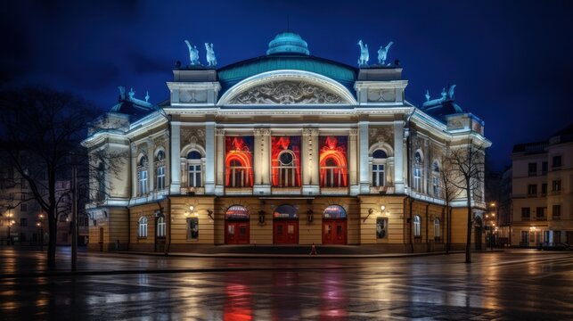 This is a nighttime shot of the Warsaw Grand Theatre, also known as Teatr Narodowy © Chingiz