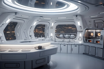 Futuristic white moon base style kitchen or laboratory interior. Neural network generated image. Not based on any actual scene or pattern. - obrazy, fototapety, plakaty