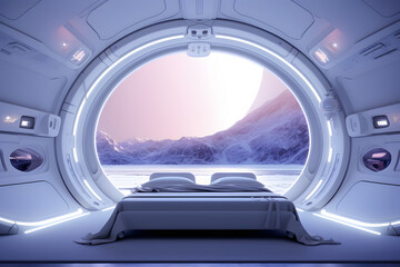 Futuristic white moon base bedroom interior. Neural network generated image. Not based on any actual scene or pattern.
