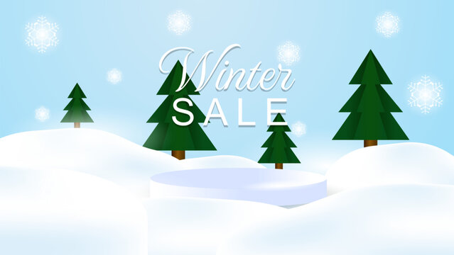 3D realistic podium for winter Sale promotion. design with trees and snowflakes. Illustration vector template