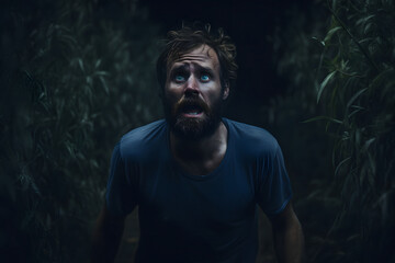 Fototapeta premium scared Caucasian young adult man lost in bushes at summer night. Neural network generated image. Not based on any actual person or scene.
