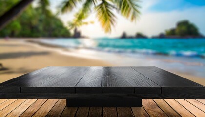table on the beach, Display in Paradise: Wooden Table on a Tropical Shore
