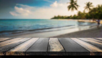 Fototapeta premium wooden pier on the sea, Sun, Sand, and Display: Wooden Table with Beach Beauty