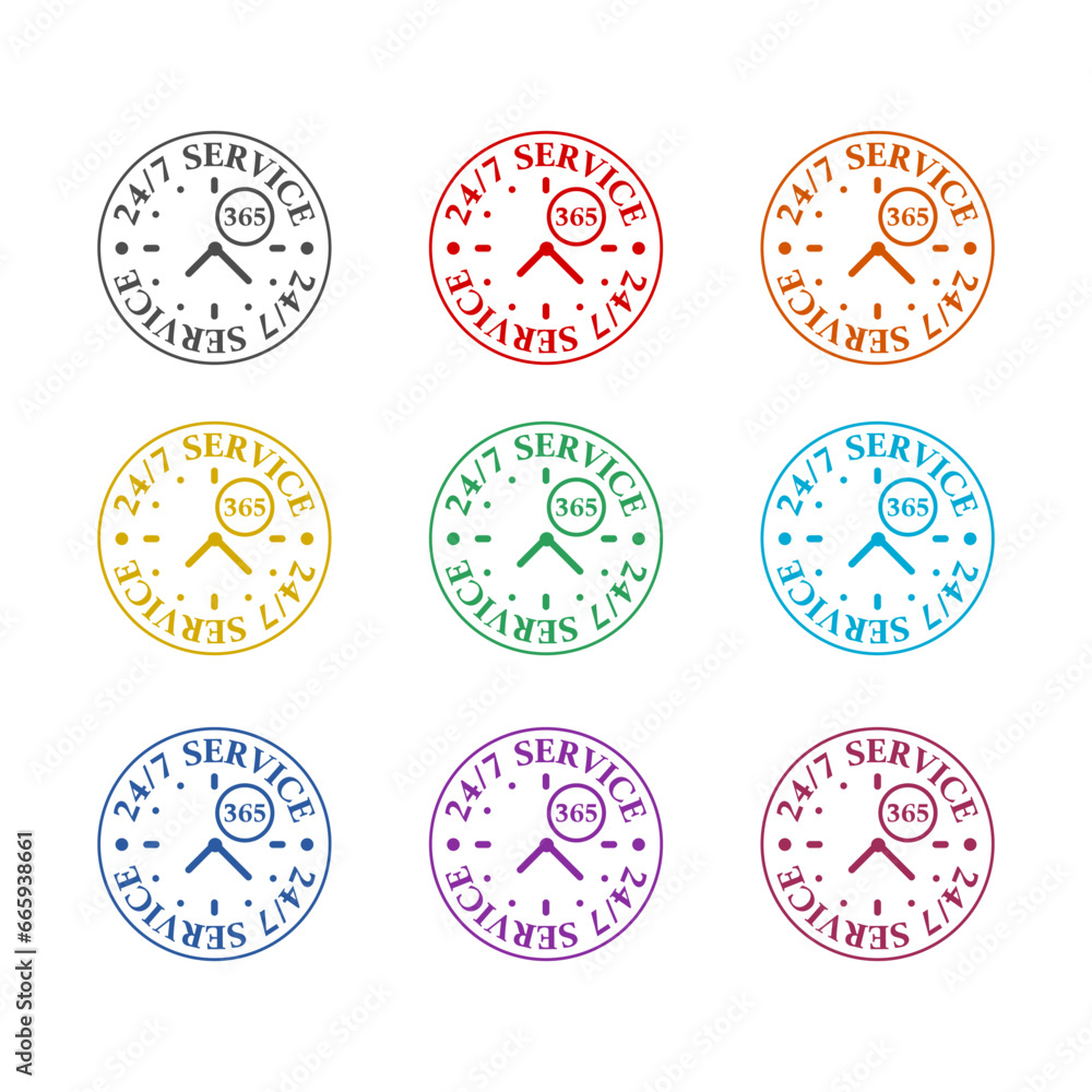 Poster any time working service or support icon isolated on white background. set icons colorful
