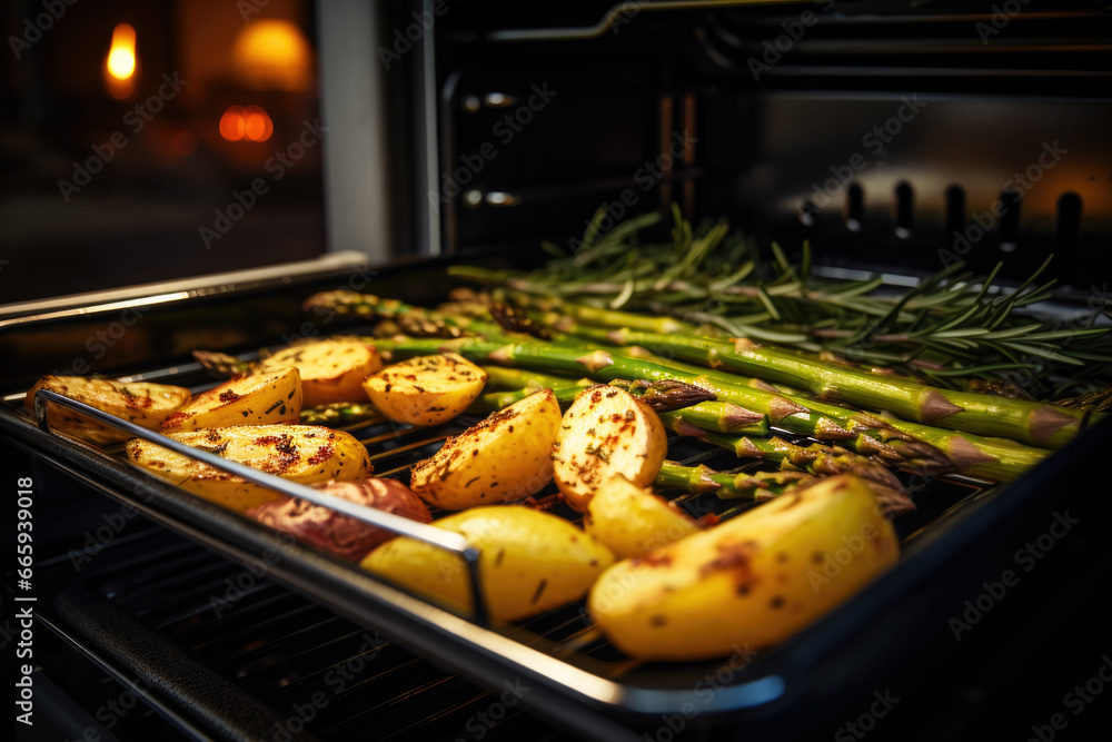 Wall mural Dish from the oven roasted potatoes and asparagus with spices close up - Wall murals