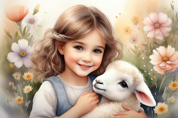 Cute little girl with a lamb