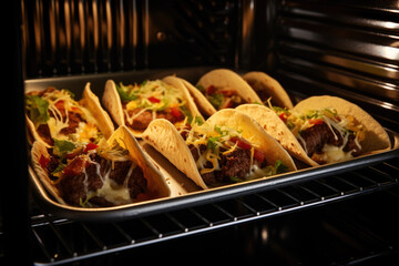 Beef tacos baking in the oven close up