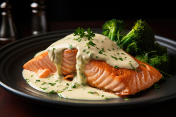 Jamaican salmon with coconut cream sauce on the black plate close up