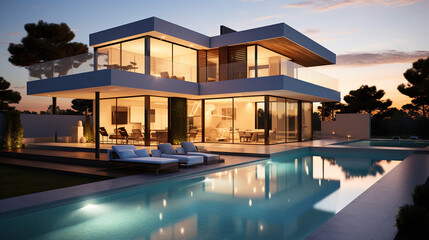 Modern cubic villa with swimming pool , Exterior design photo - obrazy, fototapety, plakaty