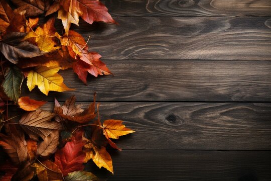 Seasonal autumn wallpaper with falling leaves on wooden surface. Thanksgiving theme with space for text. Generative AI