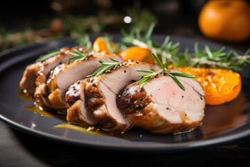 Pork tenderloin with apricots and rosemary on the plate close up - obrazy, fototapety, plakaty