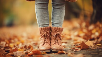  a person wearing boots standing on a leaf covered path in the fall.  generative ai