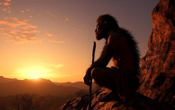 Homo erectus, thinking man on a rock at sunset, extinct human species, generated by AI