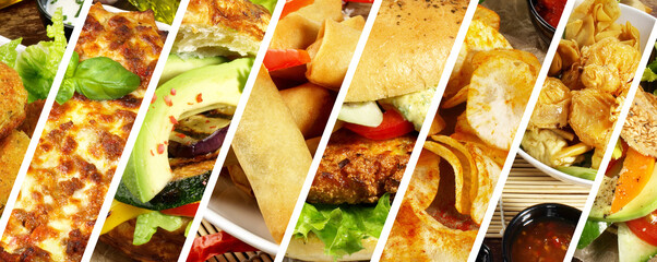 Various Vegan Food. Meal Banner with Falafel, Tofu Burger, Chips, Lasagna, Spring Rolls and more....