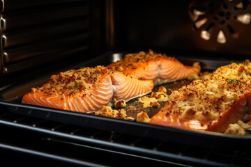 Crumb topped salmon with spices and herbs baking in the oven close up