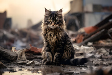 Alone and hungry domestic cat after disaster on the background of house rubble. Neural network generated image. Not based on any actual scene.