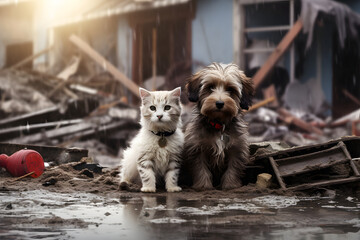 Alone and hungry pets after disaster on the background of house rubble. Neural network generated image. Not based on any actual scene. - obrazy, fototapety, plakaty