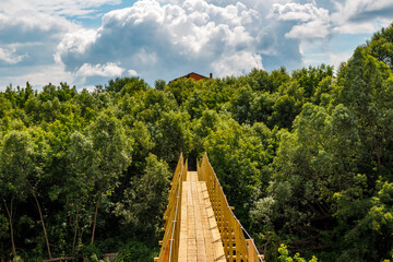 Colorful rural landscape with a view of a wooden footbridge over a river against the backdrop of...