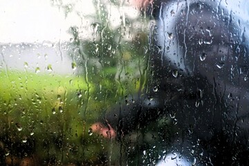 Abstraktes Motiv mit Regentropfenmuster vor jungem Mann mit blauer Jacke beim Laufen auf Gehweg vor grüner Wiese mit Strauch und grau-weißer Hausfassade bei Regen am Nachmittag im Herbst - obrazy, fototapety, plakaty
