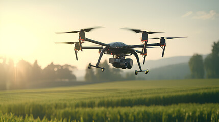 Agricultural drone in action flying above a field, Precision farming by monitoring crop health.
