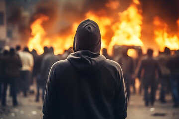 street riot in city with protestors and burning cars. Neural network generated image. Not based on any actual person or scene.