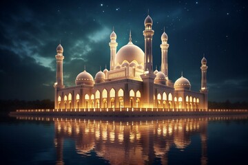 The beautiful serene mosque at night in the blessed month of ramadan the illuminated - obrazy, fototapety, plakaty