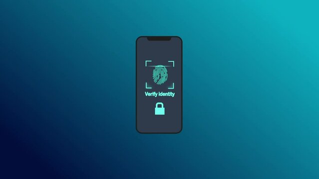 Black Mobile phone and face recognition icon isolated on blue background. Face identification scanner icon. Facial id. Cyber security. 4K Video motion graphic animation.