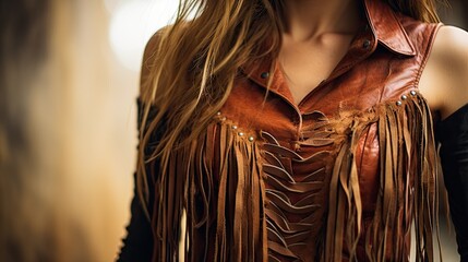  a woman wearing a brown leather vest with fringes on it.  generative ai