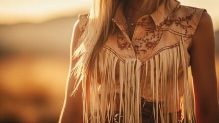  a woman with long hair wearing a fringed vest and a cowboy hat.  generative ai