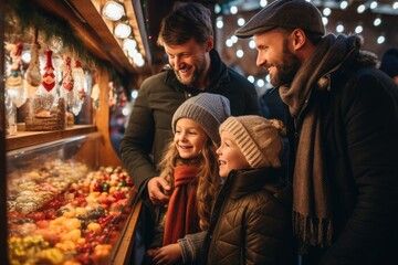 A rainbow family and their two daughters buy sweets at the traditional German Christmas market in the evening. - obrazy, fototapety, plakaty