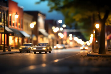 American toy town street view at summer night. Neural network generated image. Not based on any actual scene.