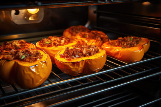 Stuffed pumpkin with meat, chese and spices roasting in the oven