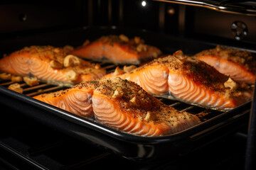 Crumb topped salmon with spices and herbs baking in the oven close up