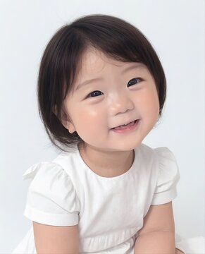 Cute Asian Little Baby Kid Girl Smiling Child Children Portrait Solid Color Background Photo Photography