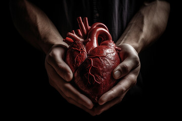 Hand with a human glistering heart - obrazy, fototapety, plakaty