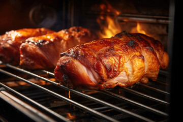 Pork meat with spices roasting in the oven close up